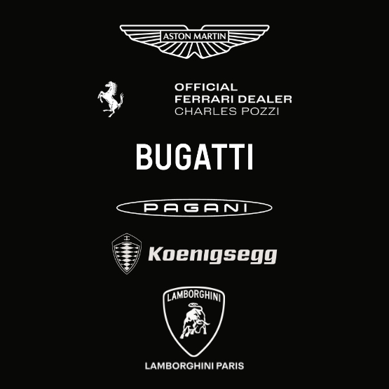Logos Aston Martin, Ferrari Charles Pozzi, Bugatti, Pagani, Koenigsegg, Lamborhini Paris