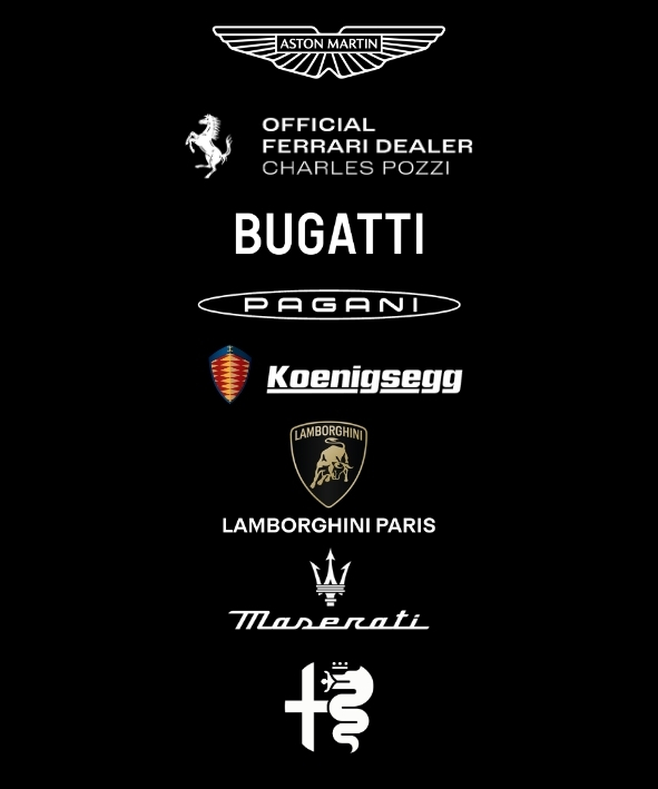 Logos Aston Martin, Ferrari Charles Pozzi, Bugatti, Pagani, Koenigsegg, Lamborhini Paris, Alpha Romeo, Mazerati