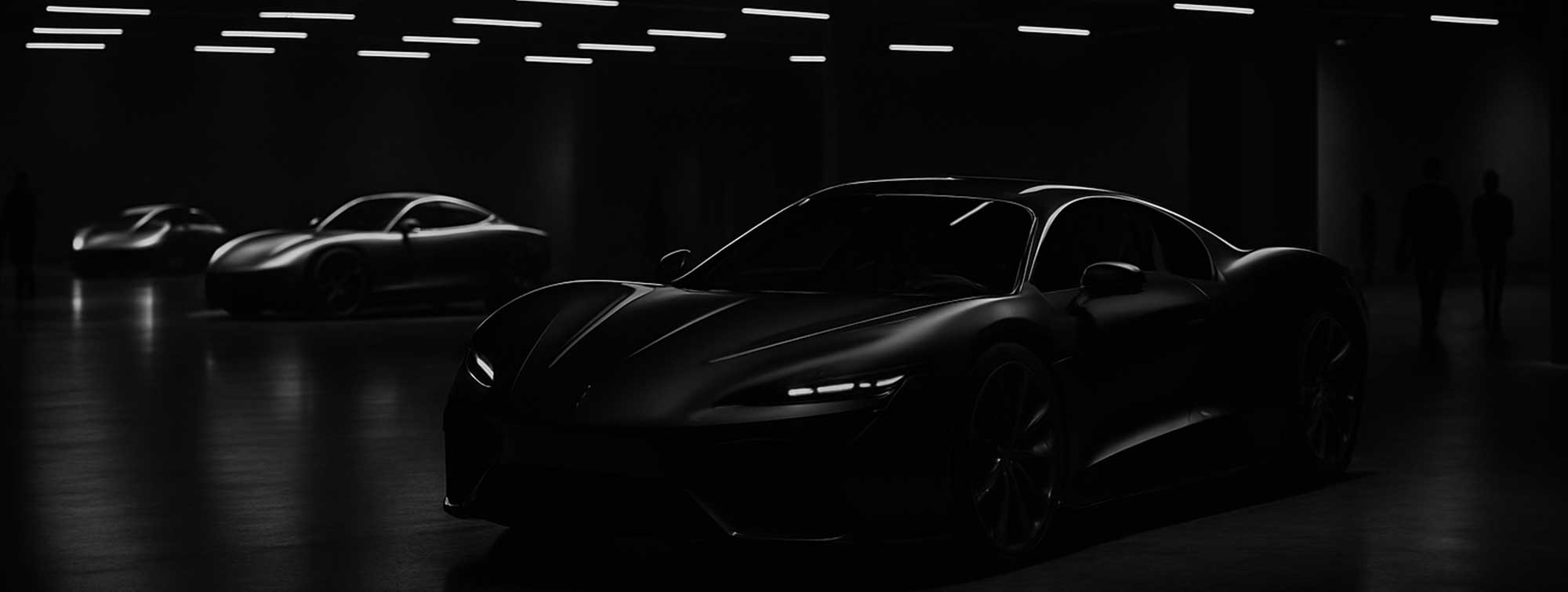 Wide-angle black-and-white photo of a dramatic exhibition hall where anonymous supercars are displayed like artworks, in an immersive and exclusive atmosphere.