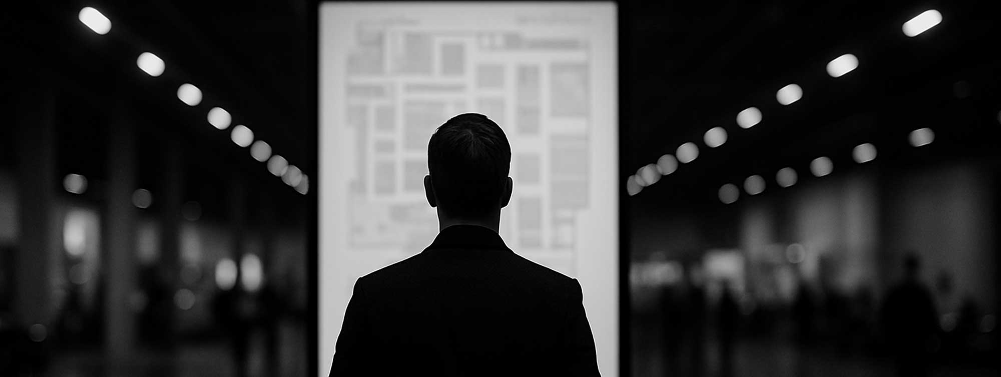Photo en noir et blanc montrant la silhouette d'un homme de dos observant un plan d'orientation dans un hall d'un parc des expositions