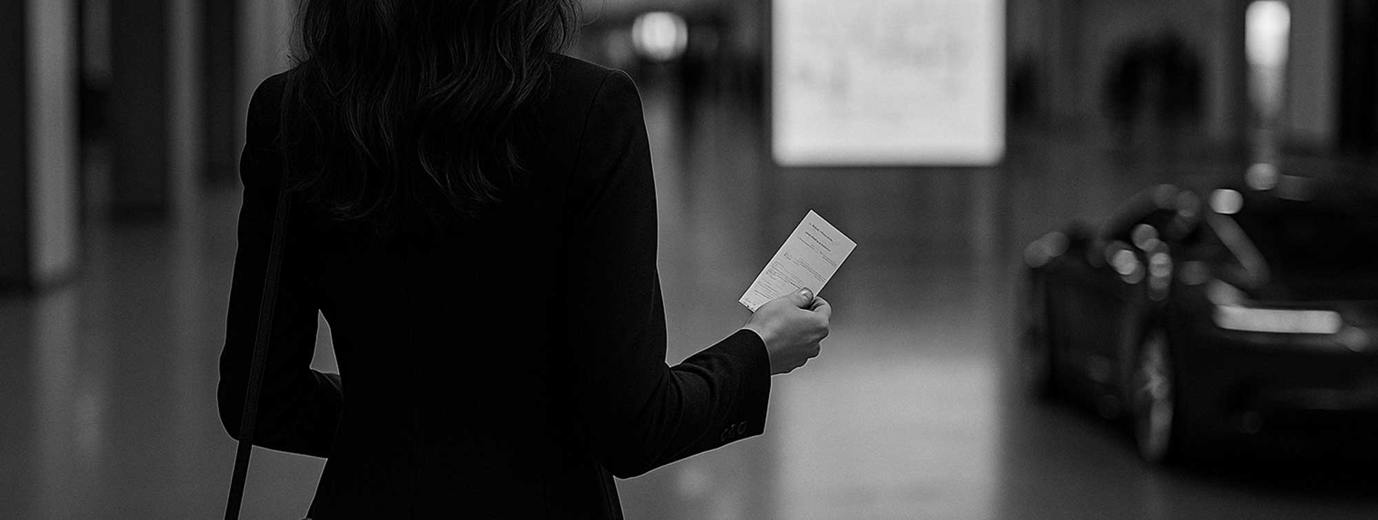 Photo noir et blanc d'une femme en tailleur avancant dans un hall d'exposition avec une supercar flou en fond