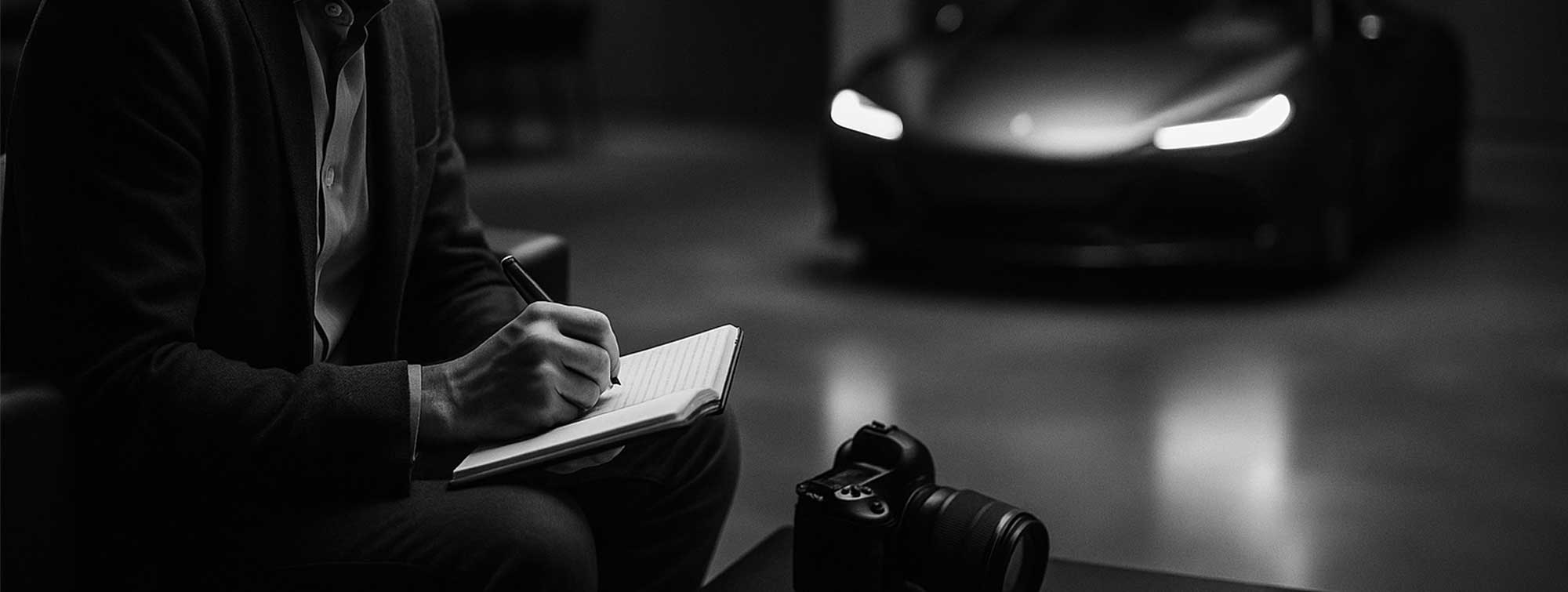 Photo en noir et blanc d'un journaliste dans un garage illuminé par des néons en train d'ecrire un article devant une supercar