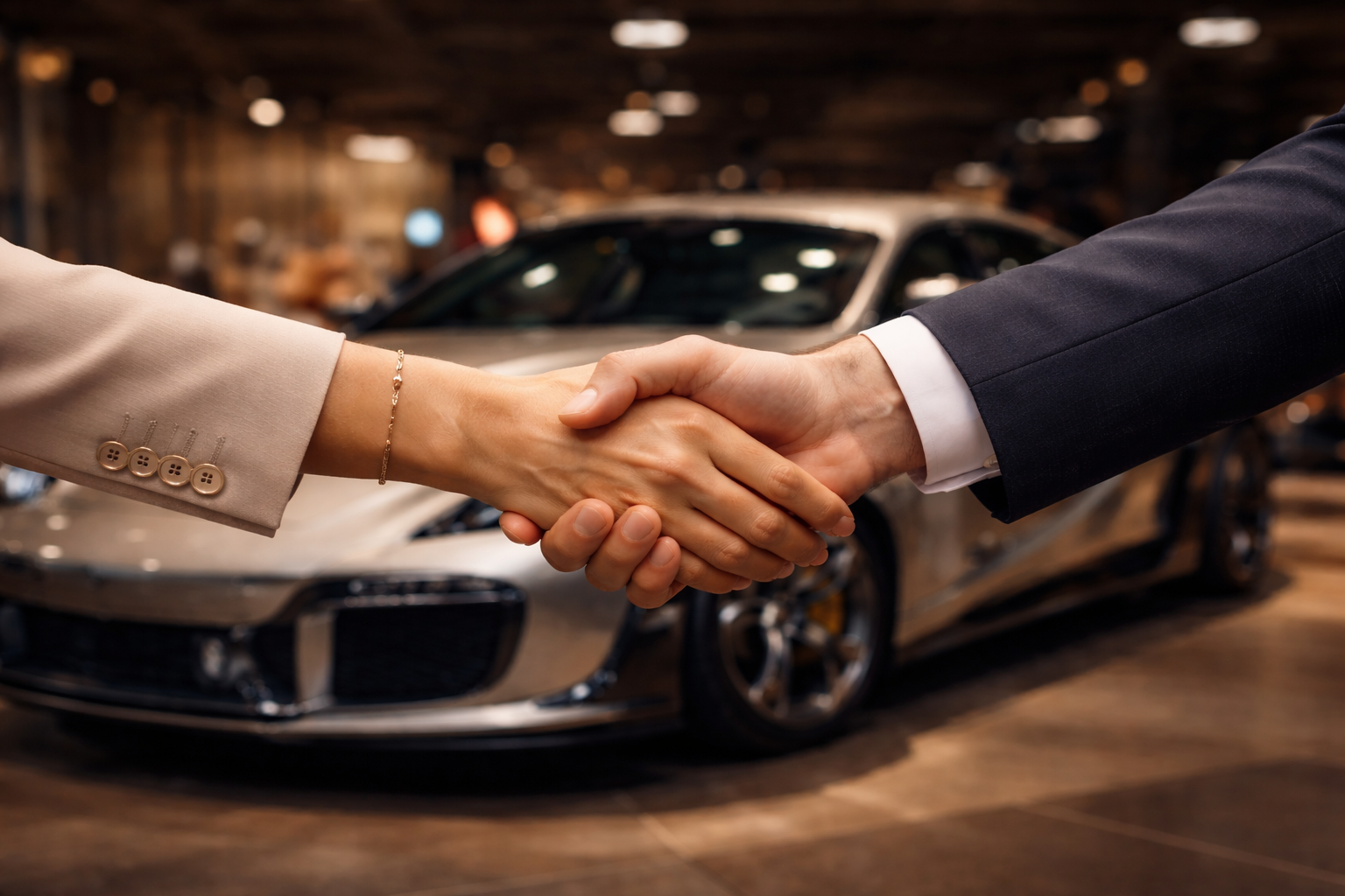 Black and white photo of 1 men and 1 women in suits shaking hands with a supercar in the background in a chic garage lit by neon lights.