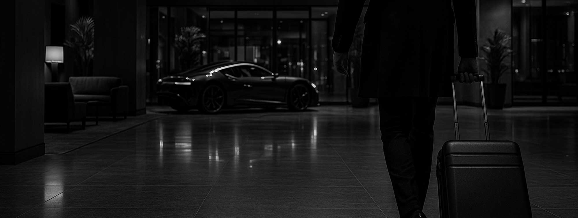 Black and white view of a luxury hotel lobby with a visitor pulling a suitcase, and a high-end car visible in the background.