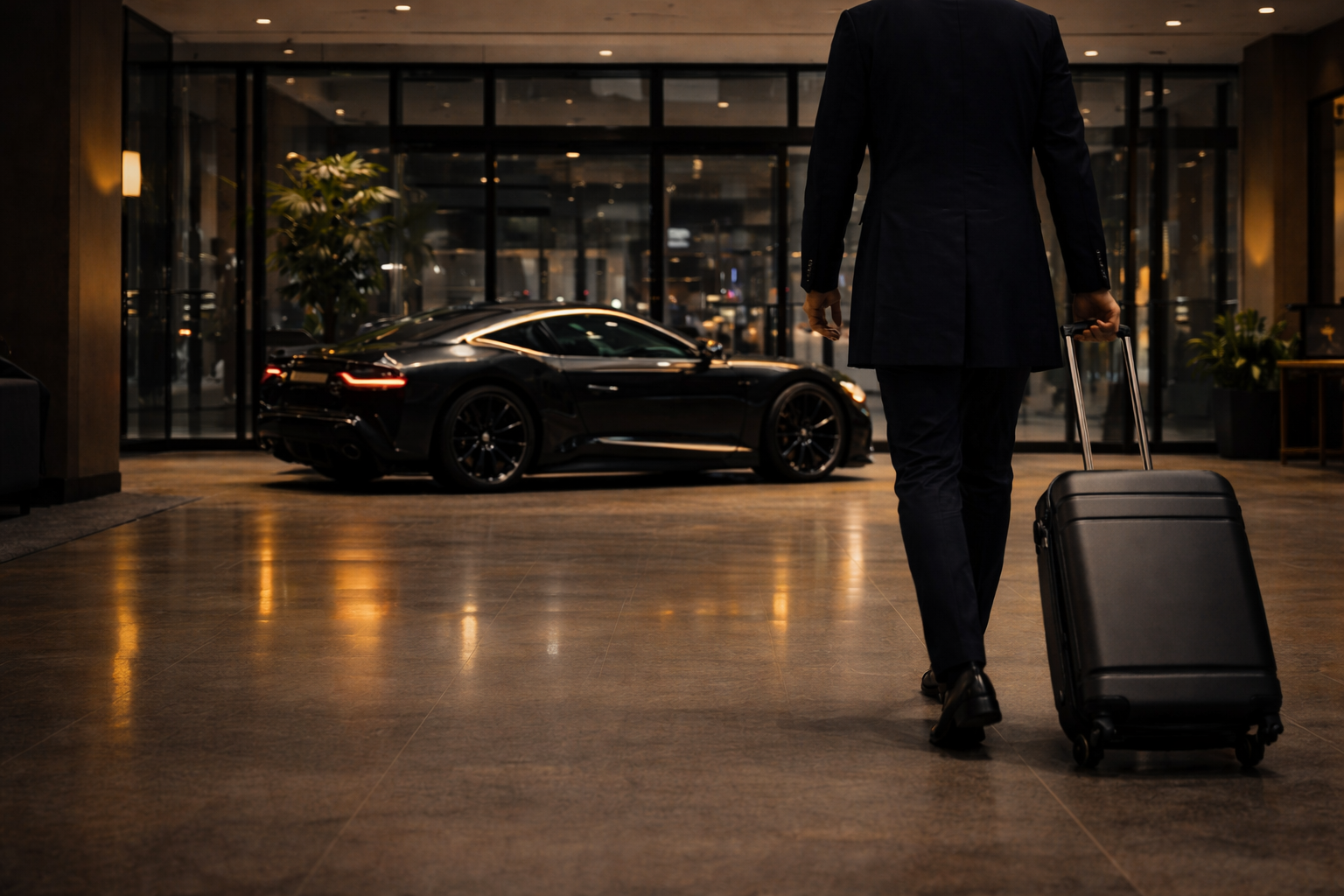 Vue en noir et blanc d’un hall d’hôtel de luxe avec un visiteur tirant une valise, une voiture haut de gamme visible en arrière-plan.