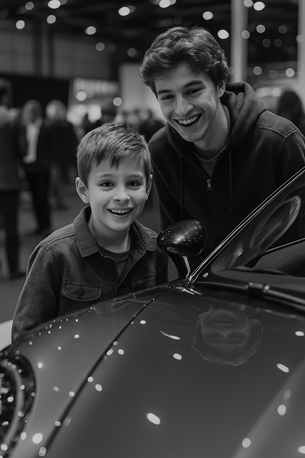 A child and a teenager looking at a supercar