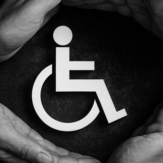 Hands encircling a wheelchair