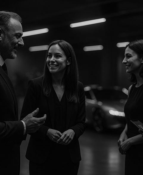 Black and white photo of supercar exhibitors at a show, cheerfully exchanging about their reasons for exhibitin