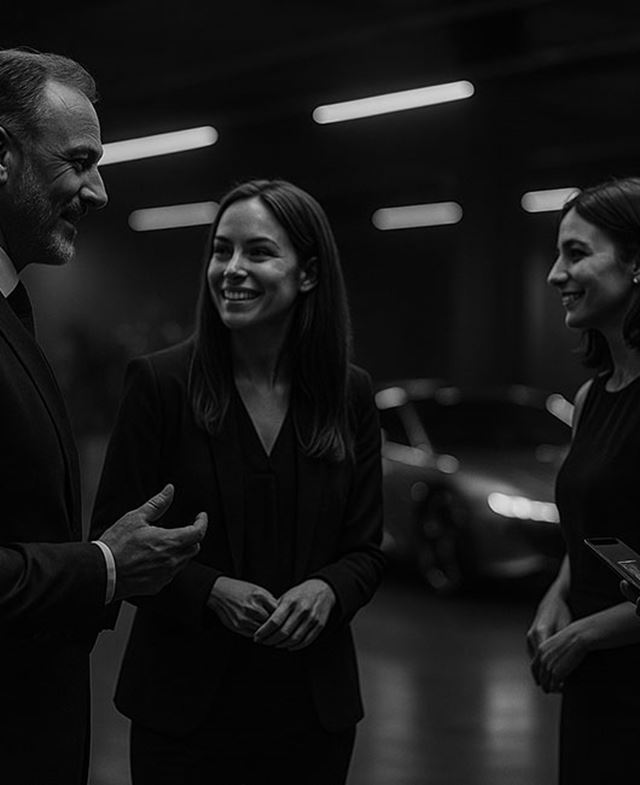 Photo noir et blanc d'exposants à un salon de supercar échangeant dans la bonne humeur sur les raisons d'exposer