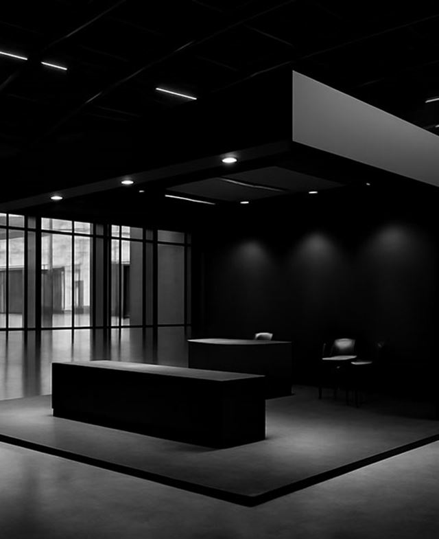 Black and white photo of a luxurious booth at a trade show dedicated to modern supercars