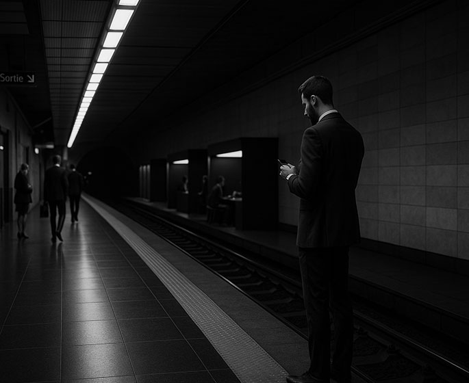 Homme élégant seul sur un quai de métro parisien, en noir et blanc, dans une ambiance calme et raffinée.