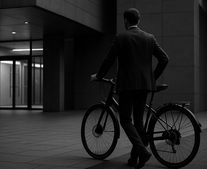 Homme élégant arrivant à vélo devant un bâtiment moderne, en noir et blanc, ambiance urbaine et raffinée.