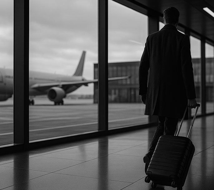 Homme en manteau élégant traversant un terminal d’aéroport moderne avec une valise cabine, avion visible sur le tarmac à travers la baie vitrée, en noir et blanc.