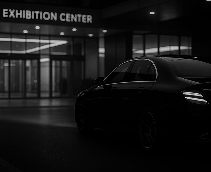 Nighttime black and white view of a high-end sedan approaching the entrance of a modern exhibition center.