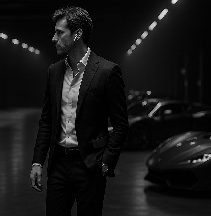 Photo en noir et blanc d’un hall d’exposition automobile de luxe, éclairé avec intensité, mettant en scène des supercars rares et une silhouette masculine élégante, dans une ambiance prestigieuse et cinématographique.
