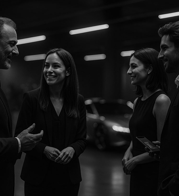 Vue immersive d’un espace VIP sur un salon automobile, avec des visiteurs élégants en pleine discussion autour de modèles d’exception, dans une ambiance raffinée et confidentielle.