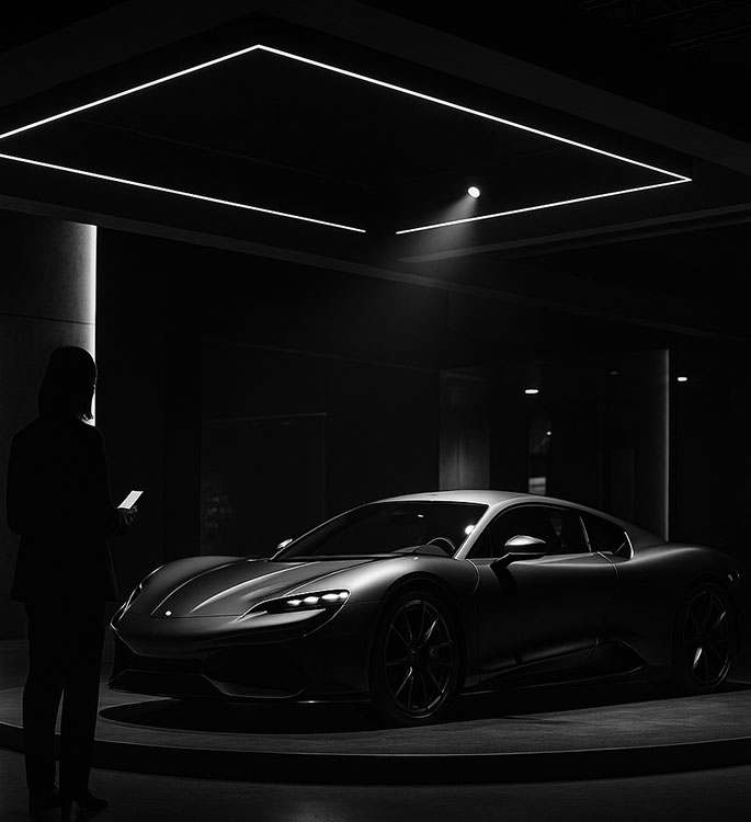 Photo monochrome d’une supercar mise en scène dans un espace d’exposition luxueux, avec éclairage dramatique, structure architecturale et ambiance élégante, suggérant une prise de parole sur scène.