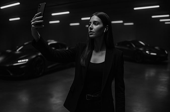 Photo noir et blanc d'une influenceuse dans un garage illuminé par des néons et prenant un selfie devant une supercar