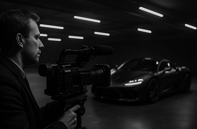 Black and white photograph of a journalist in a garage lit by neon lights, filming a supercar.