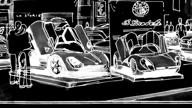 Dessin en noir et blanc d'un stand sur un salon de supercar présentant plusieurs véhicules entouré par du public