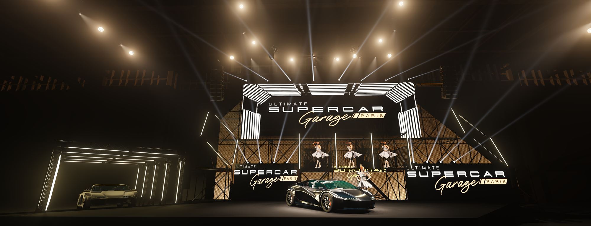 Supercar seen from the side with a black background and a spotlight