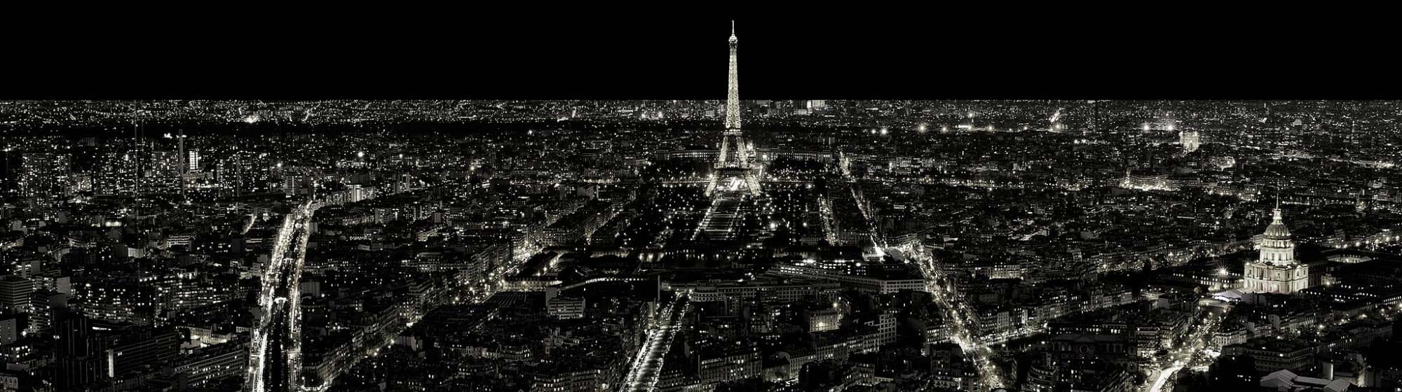 Black and white photograph of Paris with the Eiffel Tower